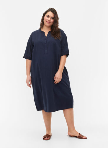 FLASH - Short sleeved midi dress in cotton, Navy Blazer, Model image number 0