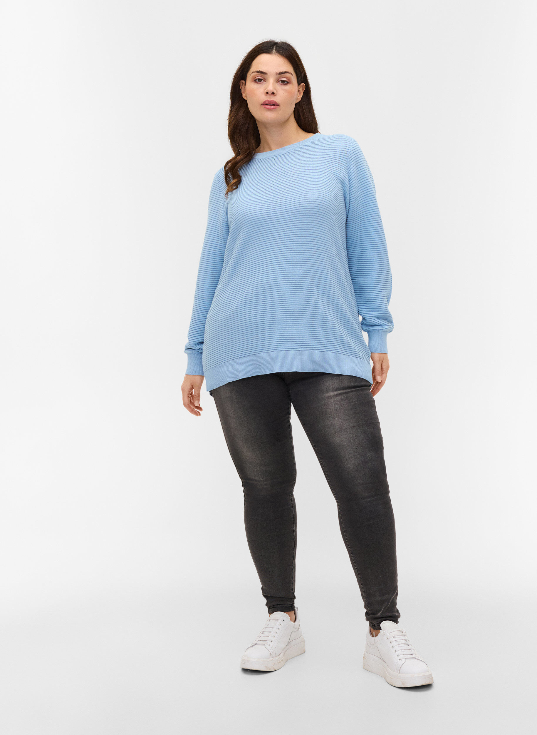Zizzifashion Long-sleeved knitted blouse in organic cotton, Chambray Blue, Model image number 2