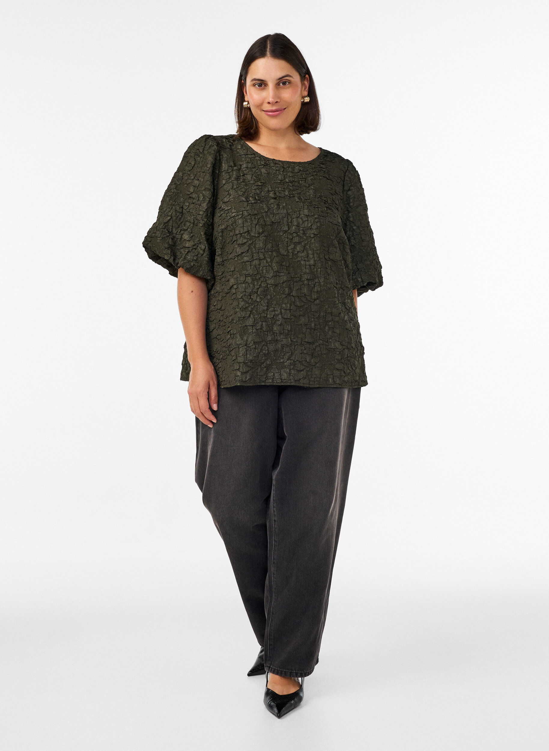 ZizzifashionJacquard blouse with puff sleeves and an A-line shape, Green, Model image number 1