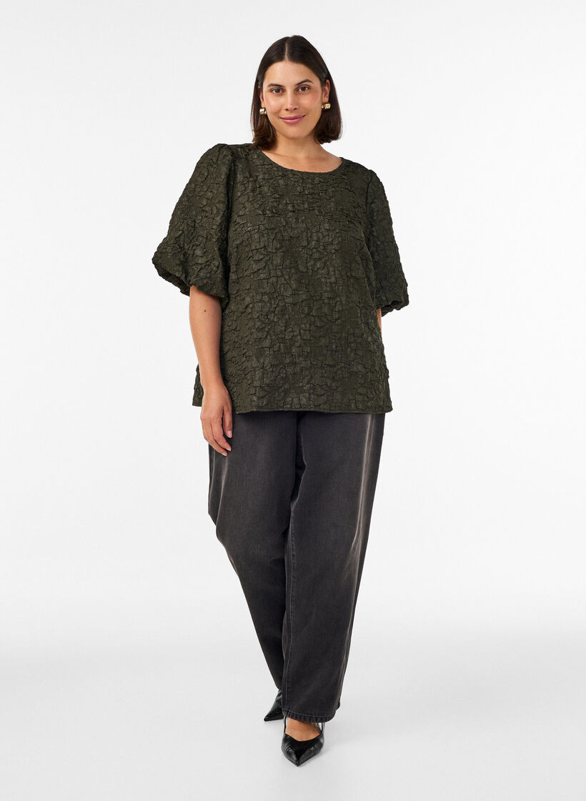 Jacquard blouse with puff sleeves and an A-line shape, Green, Model image number 1