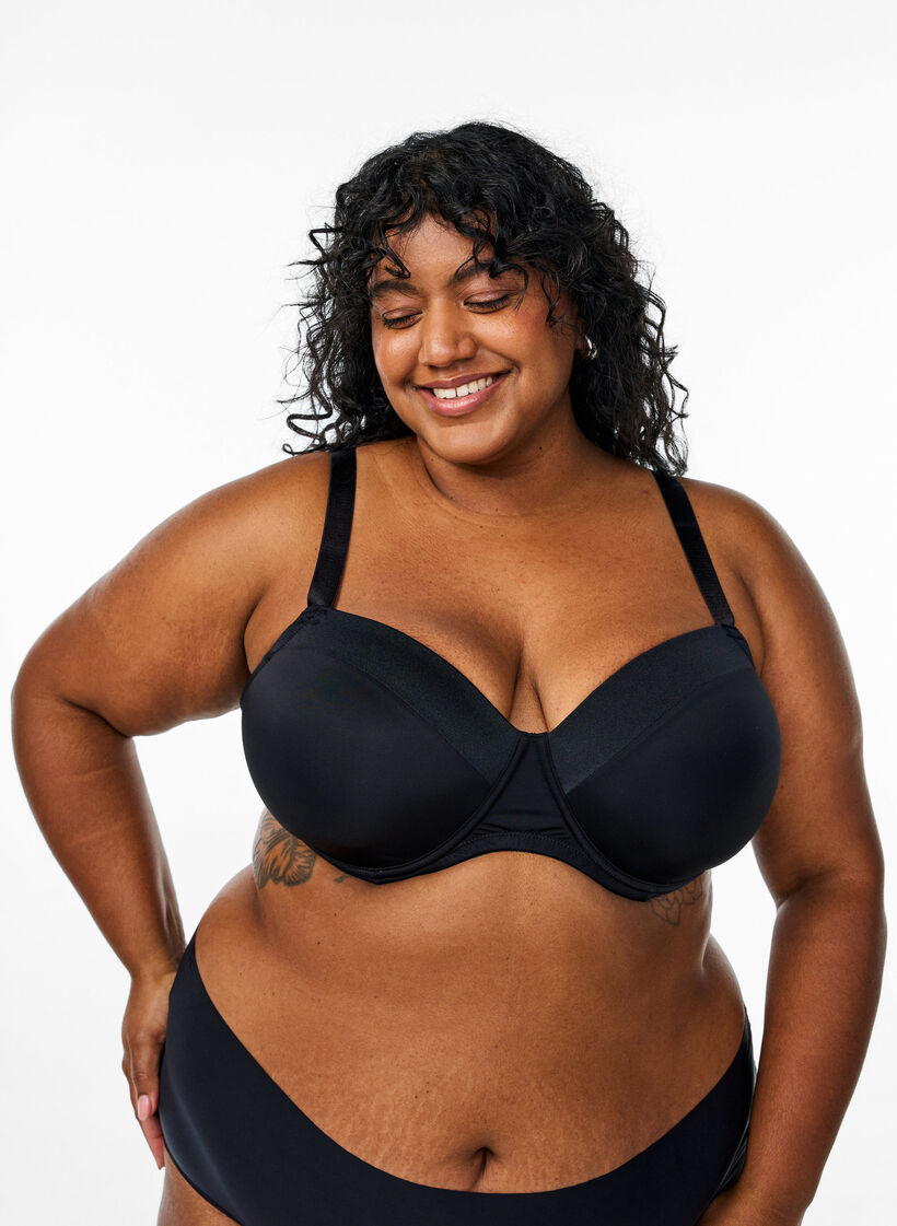 Moulded bra in microfiber with satin detail, Black, Model image number 0