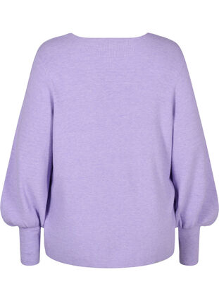 Knitted blouse with v-neck and puff sleeves, Purple Rose Mel, Packshot image number 1