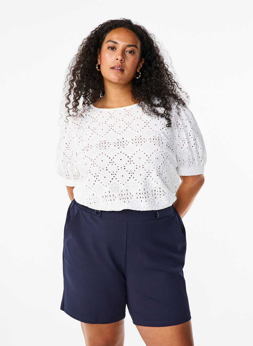Short-sleeved blouse with lace pattern, Bright White, Model image number 0