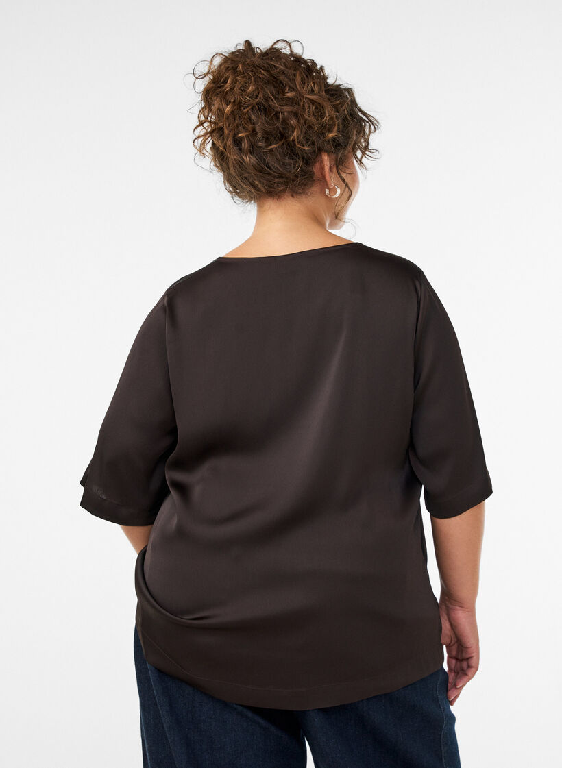 Satin blouse with elbow-length sleeves, Brown, Model image number 2