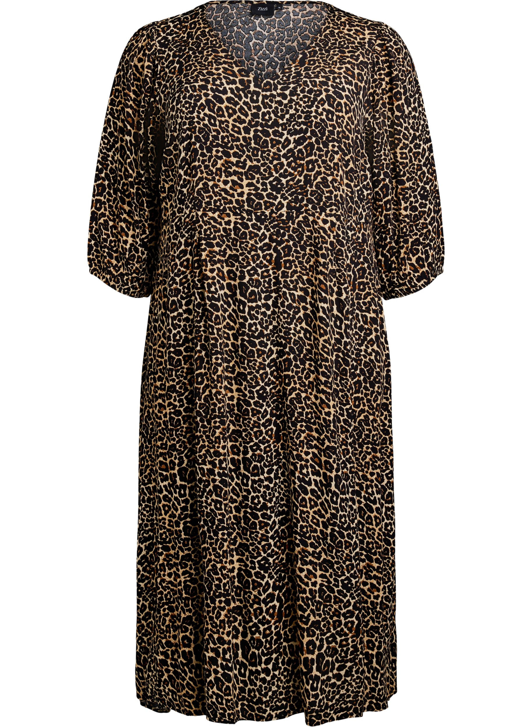 Zizzifashion Midi dress with leopard print and 3/4 sleeves, Brown, Packshot image number 0