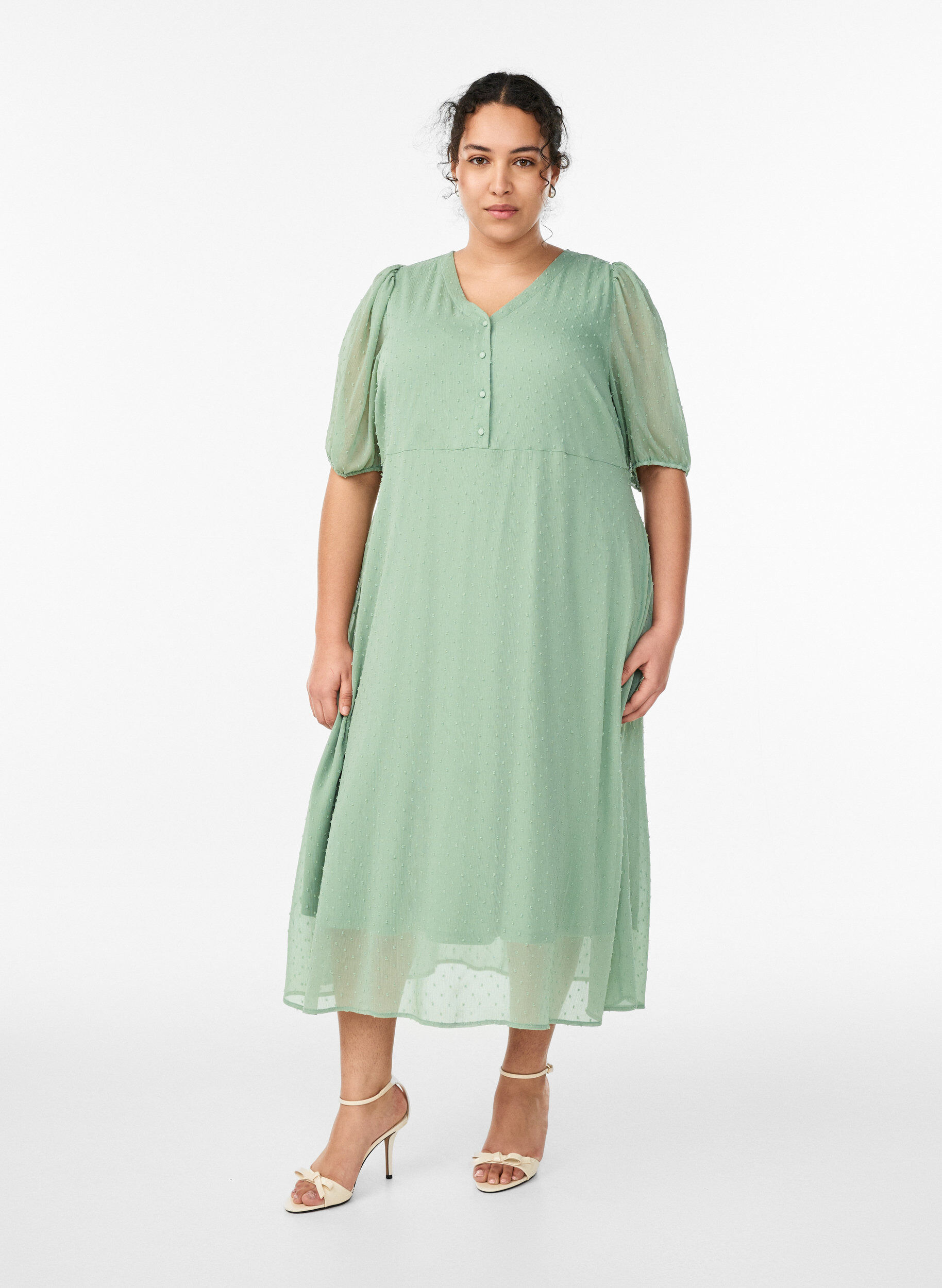 V-neck midi dress with tie fastening, Green, Model