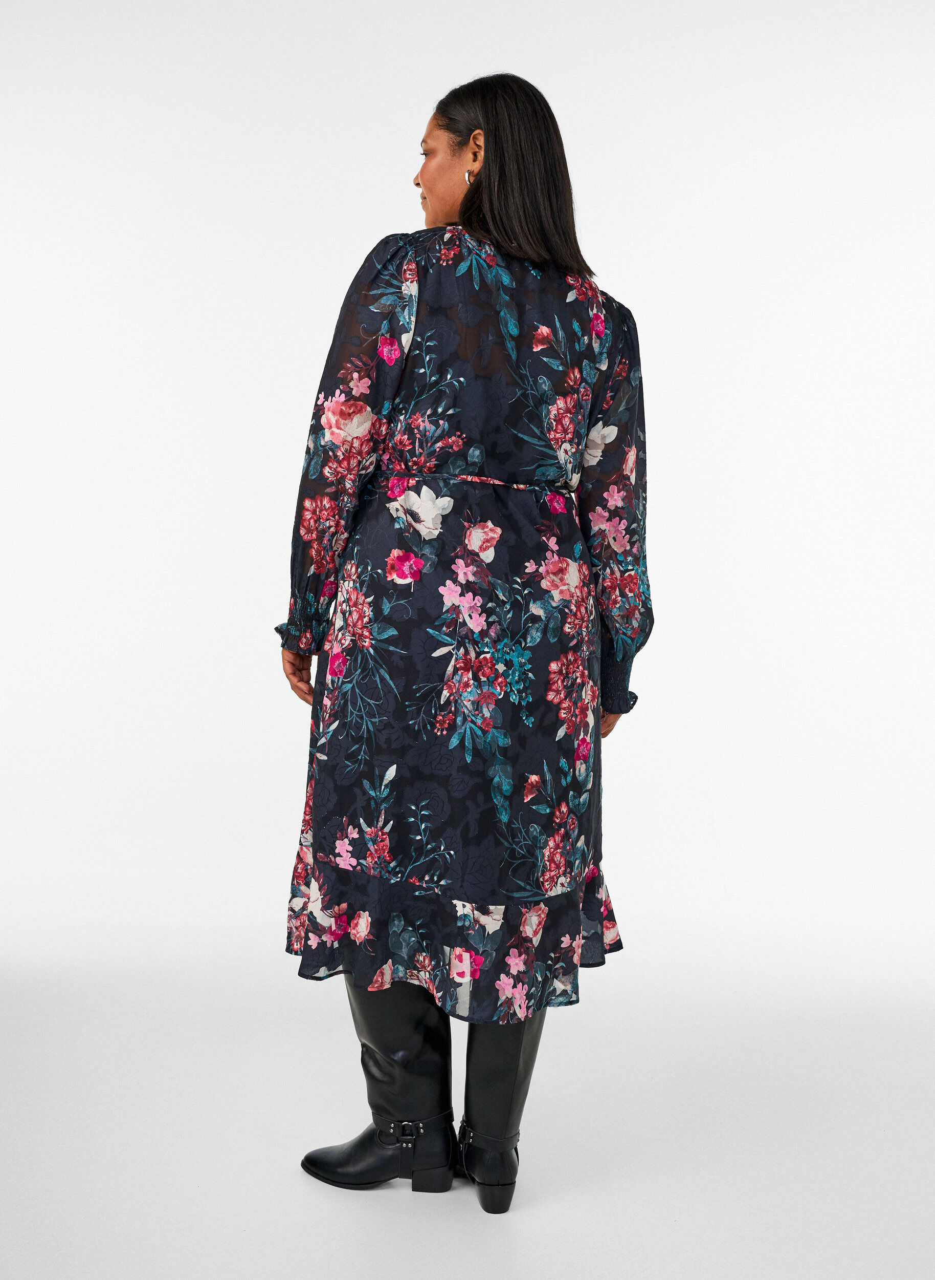 ZizzifashionFloral midi dress with woven texture and tie-belt, Black, Model image number 1