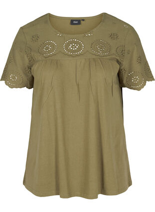 Short-sleeved blouse with broderie anglaise, Ivy Green, Packshot image number 0