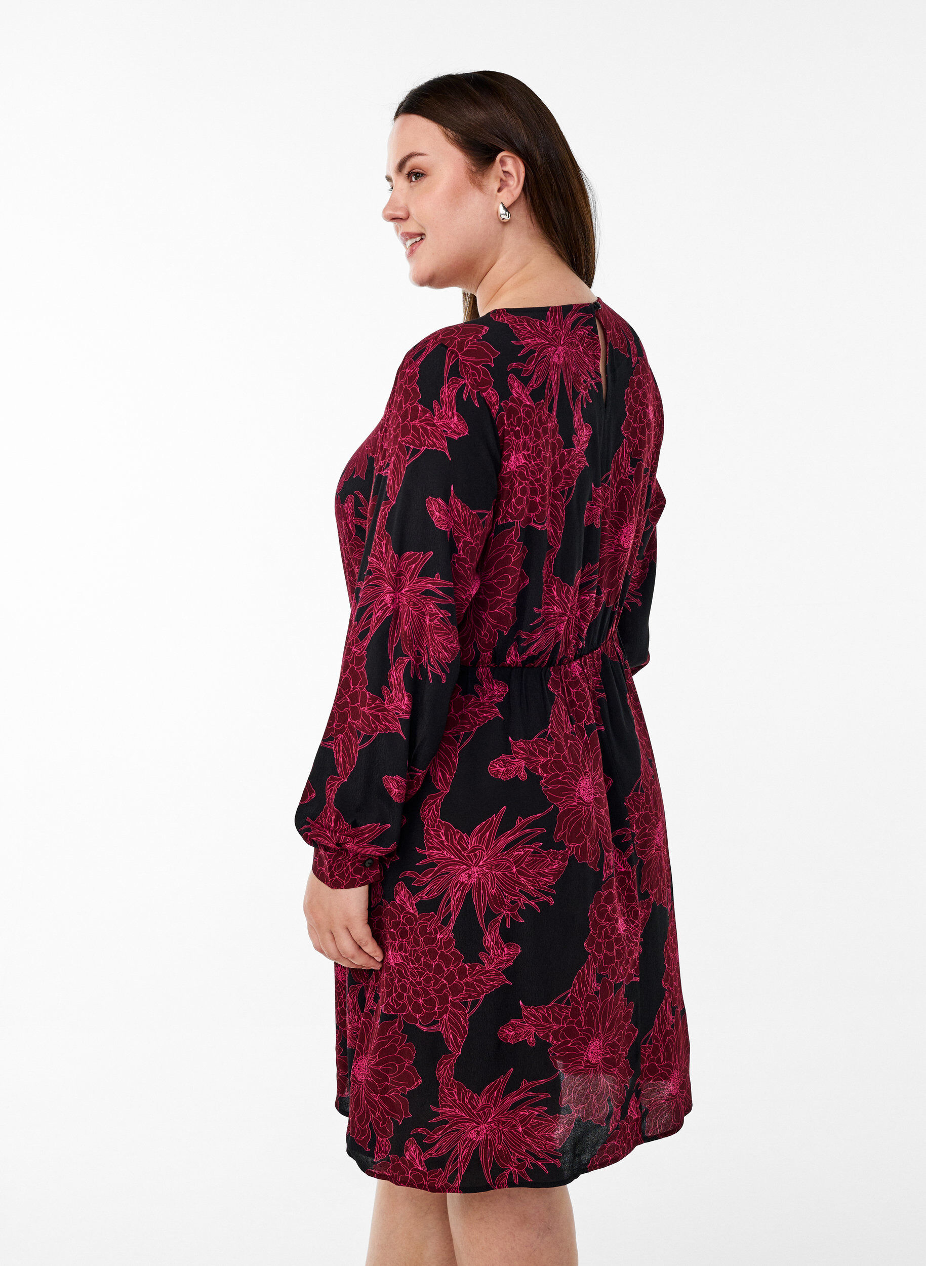 Zizzifashion Viscose dress with print and long sleeves, Dark Bordeaux, Model image number 2