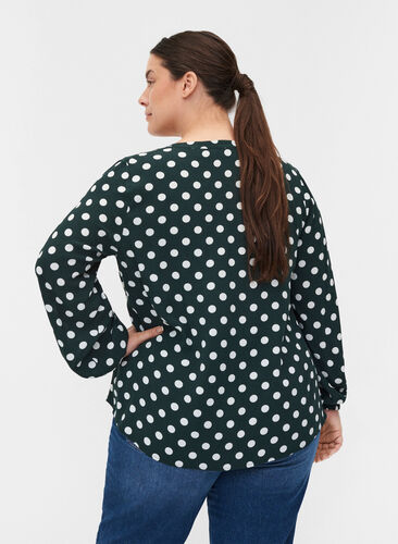 Long-sleeved viscose blouse with V-neck, Scarab w. White Dots, Model image number 1