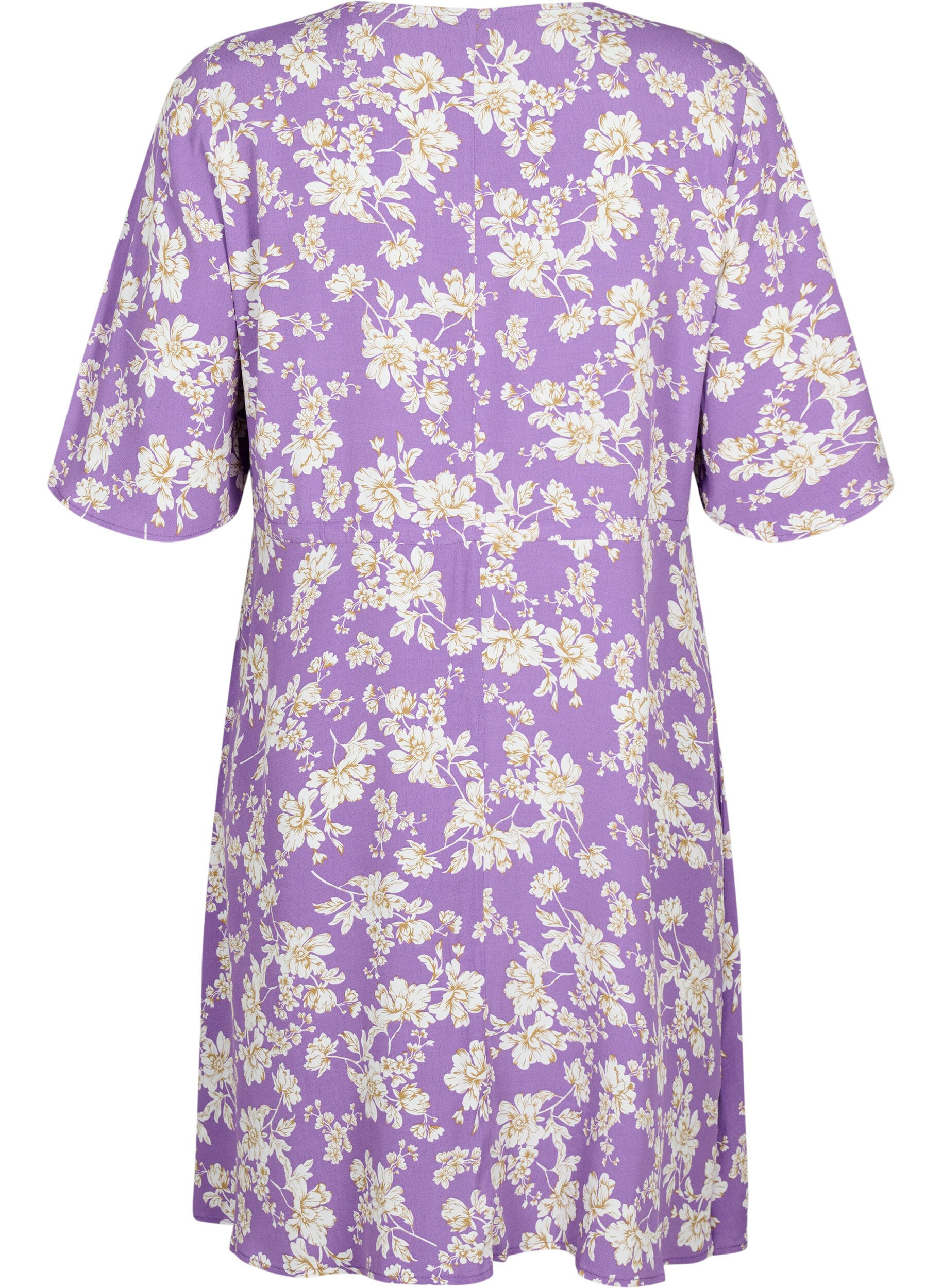 Zizzifashion Dress with 1/2 sleeves and floral print in viscose, Purple Flower AOP, Packshot image number 1