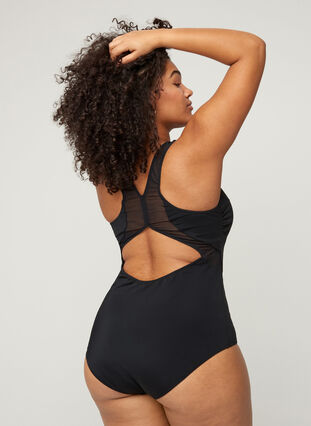 Swimsuit with round neck and mesh, Black, Model image number 1