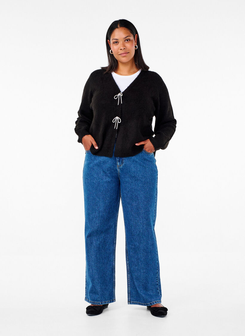 Knitted cardigan with a silver bow, Black, Model image number 3