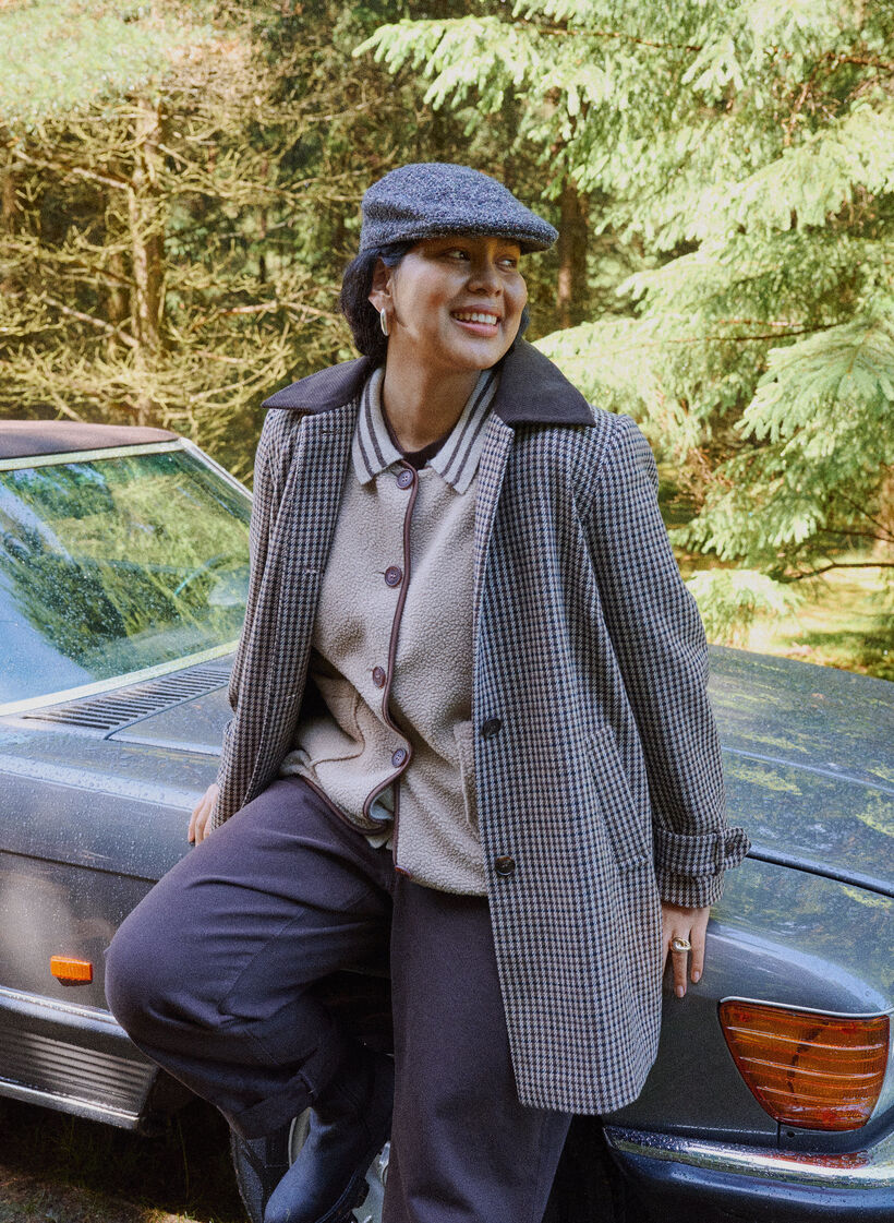 Checked coat with corduroy collar, Brown, Image image number 0