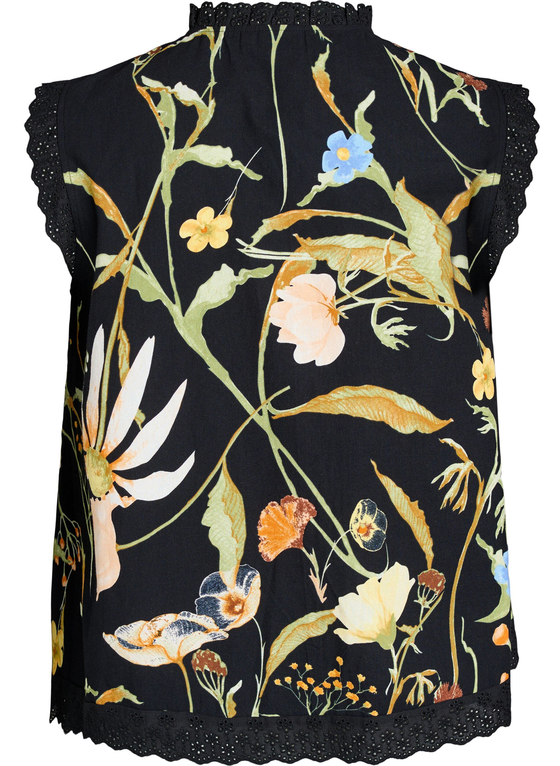 Zizzifashion Sleeveless cotton blouse with floral print and broderie anglaise, Black, Packshot image number 1