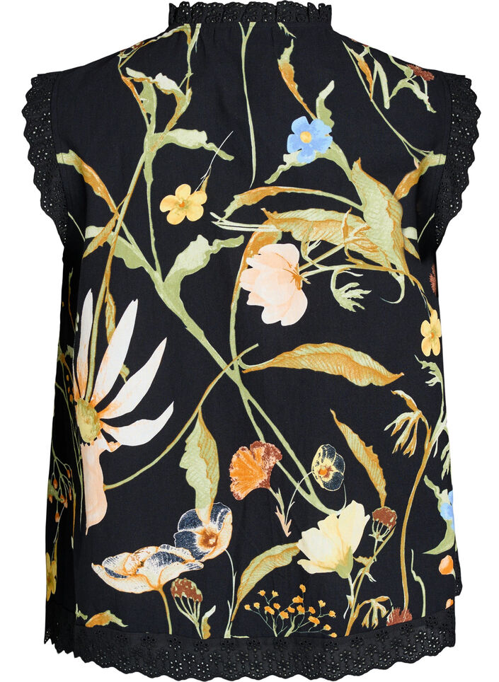 Sleeveless cotton blouse with floral print and broderie anglaise, Black, Packshot image number 1
