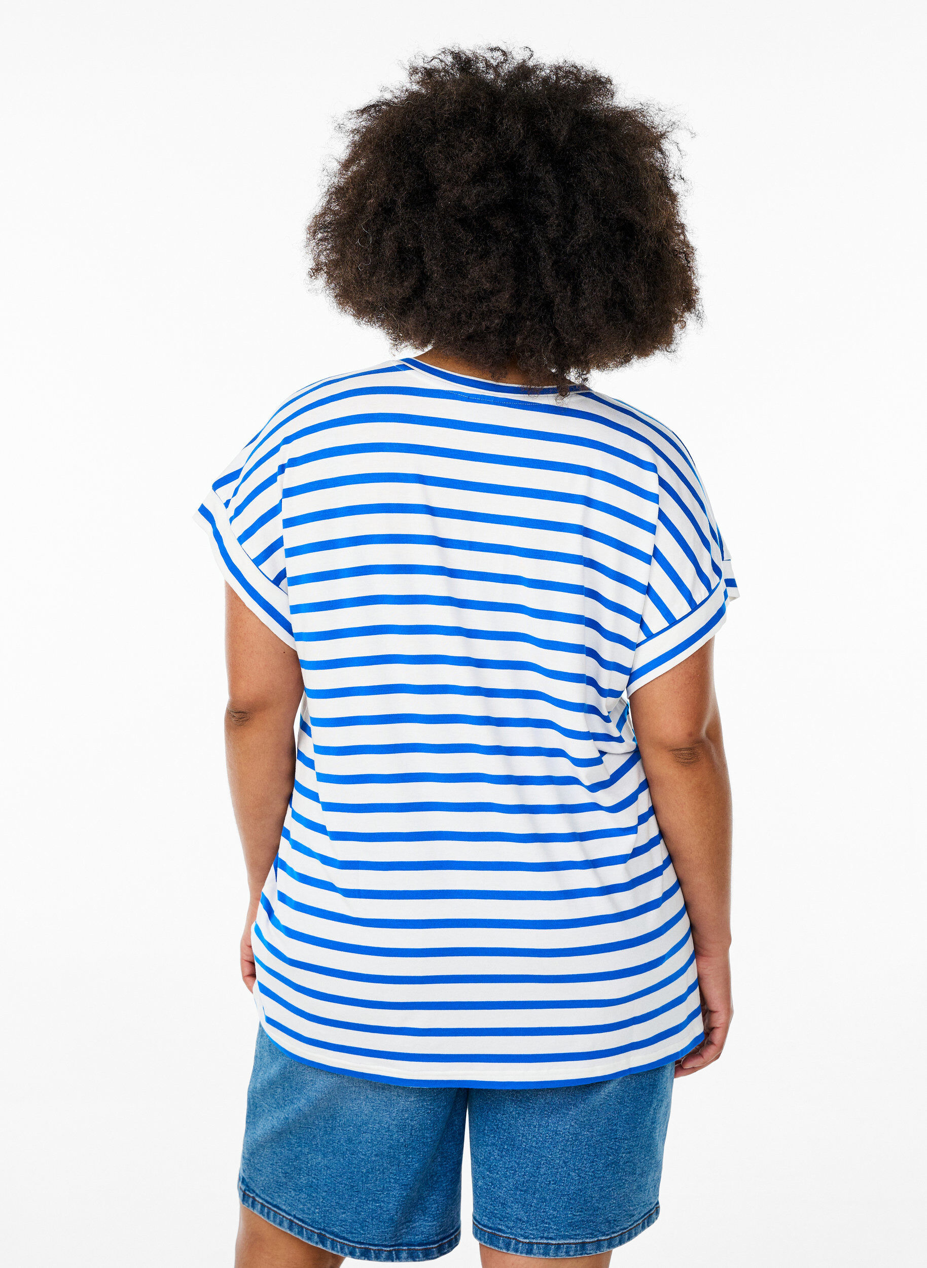 Zizzifashion Striped T-shirt with V-neck, Blue, Model image number 2