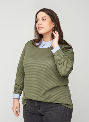 Long-sleeved blouse with round neck, Deep Lichen Green, Model image number 0
