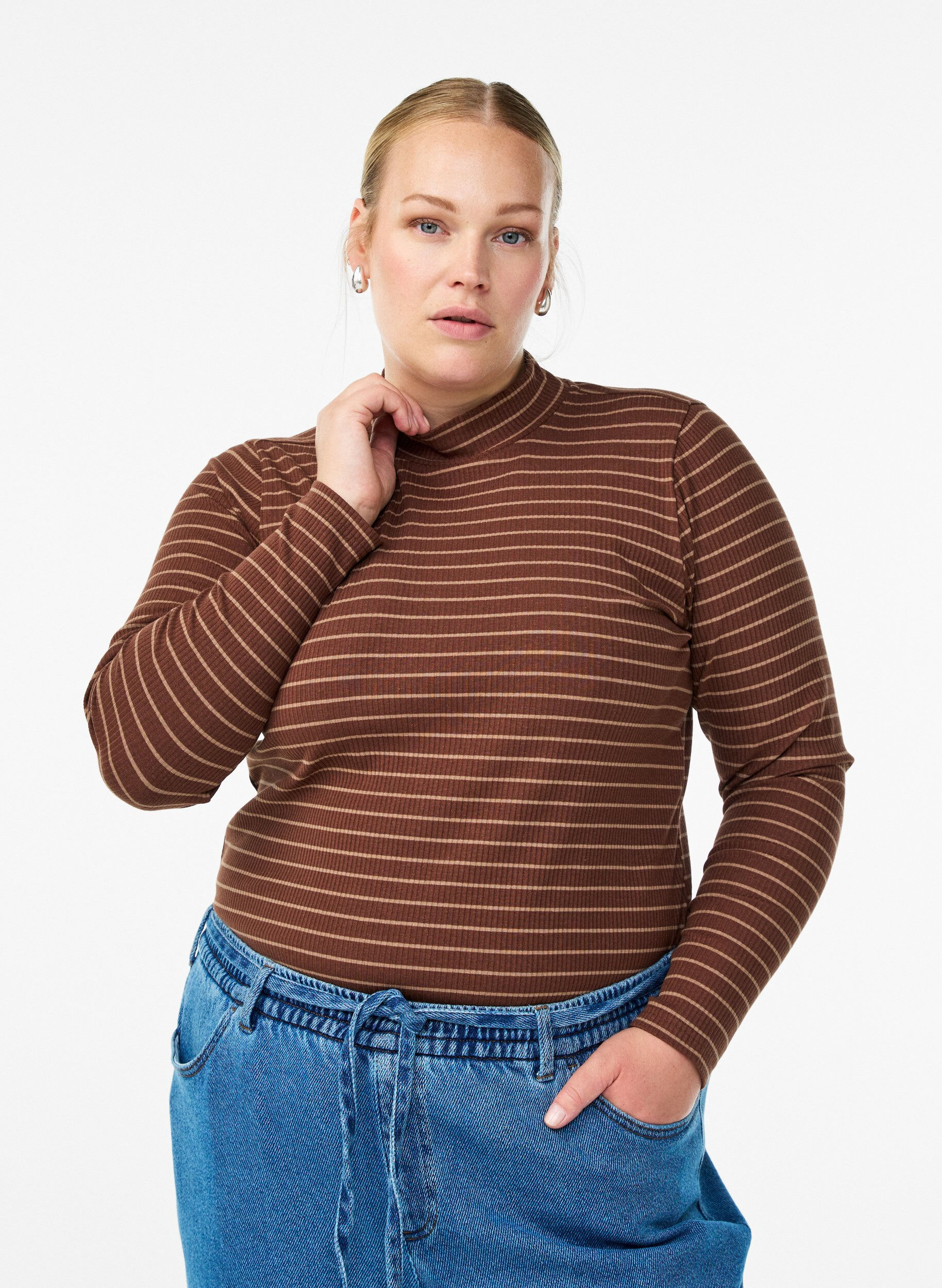 Striped ribbed jersey blouse with a high neck, Brown, Model