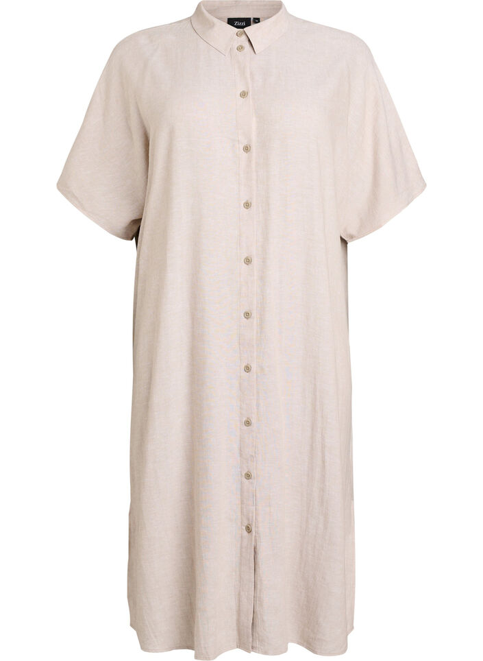 Shirt dress in linen and viscose with short sleeves, Beige, Packshot image number 0