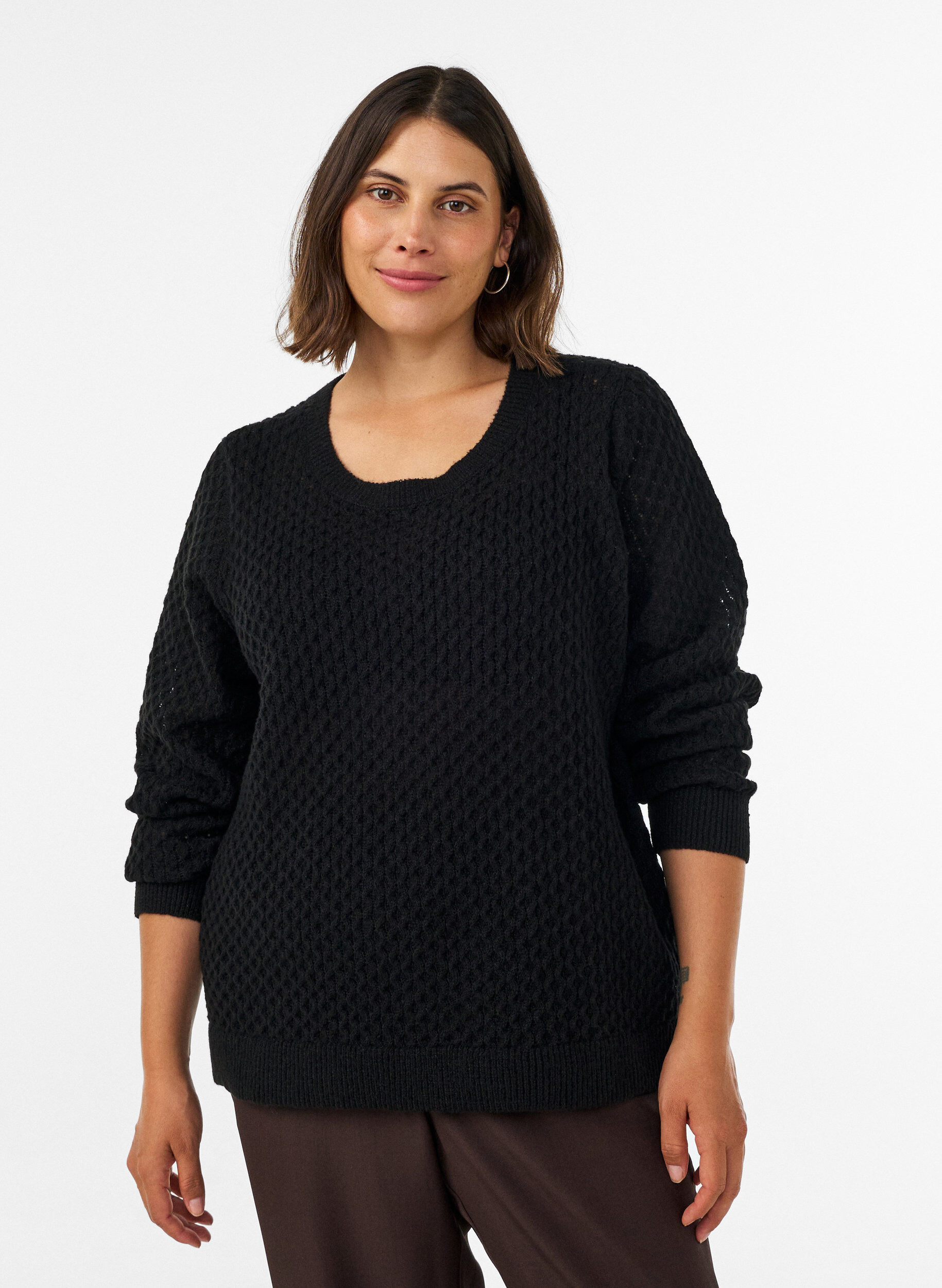 ZizzifashionKnitted blouse with a textured openwork pattern, Black, Model image number 0