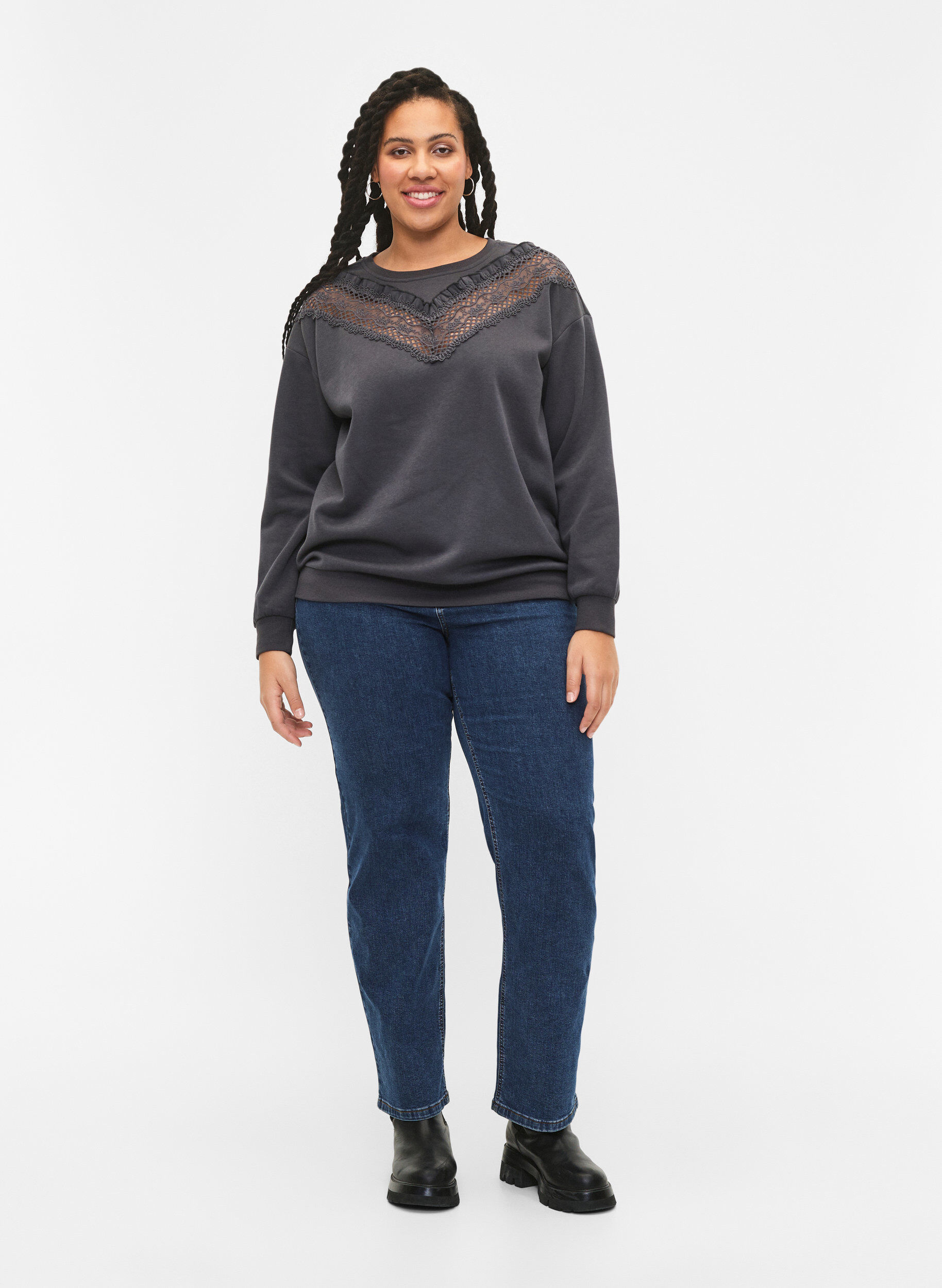 Zizzifashion Sweatshirt with ruffle and crochet detail, Dark Grey, Model image number 2