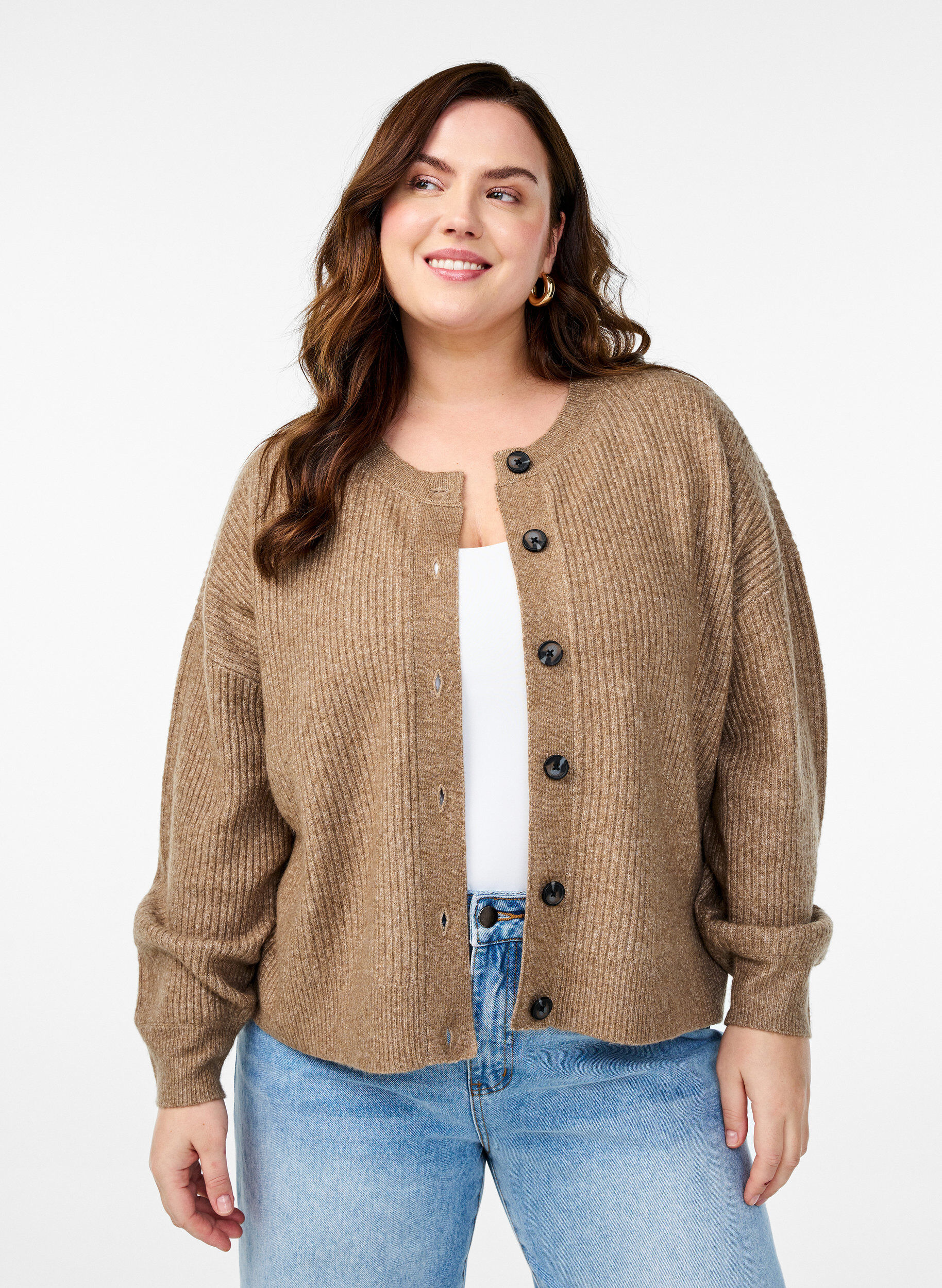 Rib knit cardigan with buttons, Brown, Model