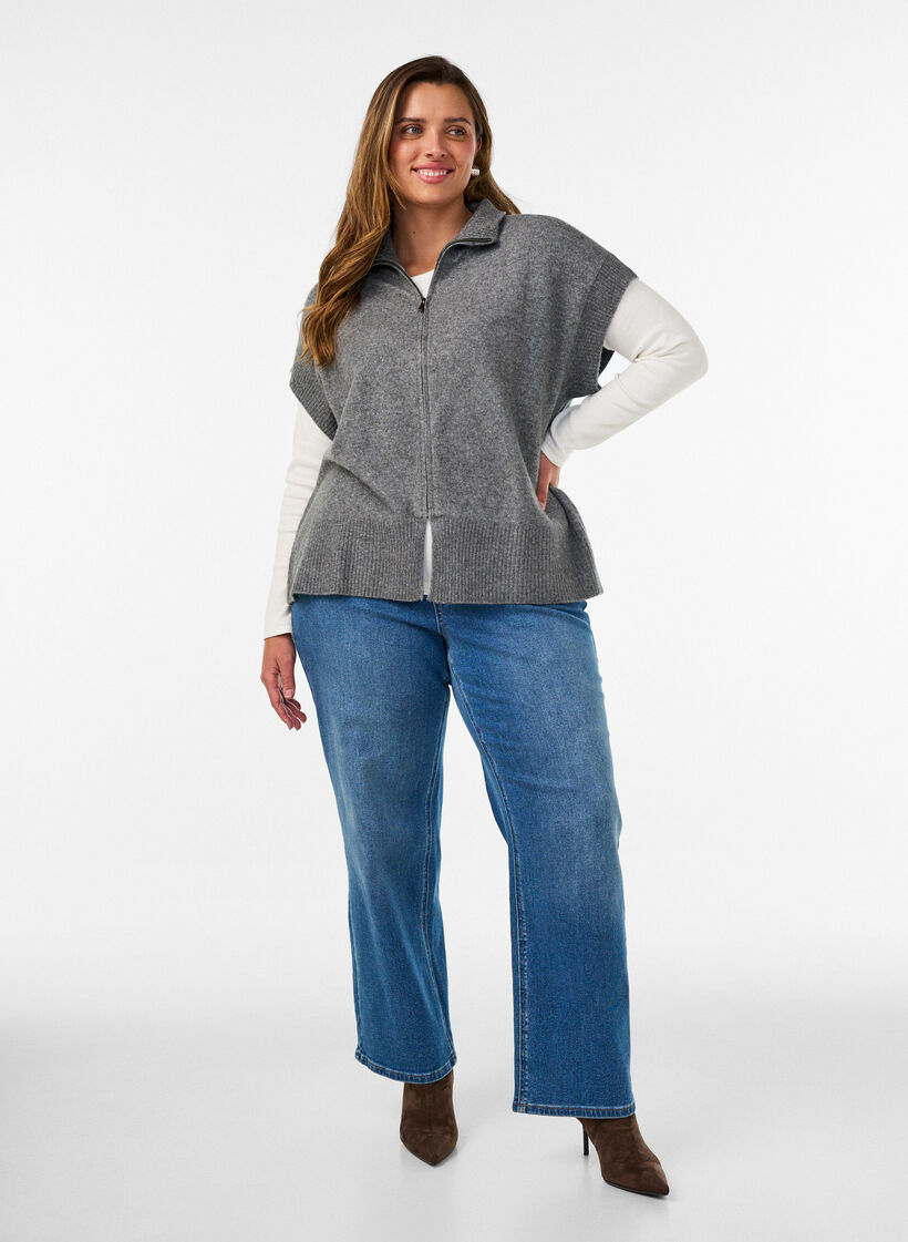 Knitted vest with high collar and zip, Grey, Model image number 1