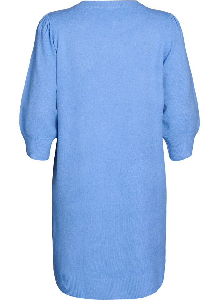 Knitted dress with 3/4 sleeves and a round neck, D.R. Blue White Mel., Packshot image number 1