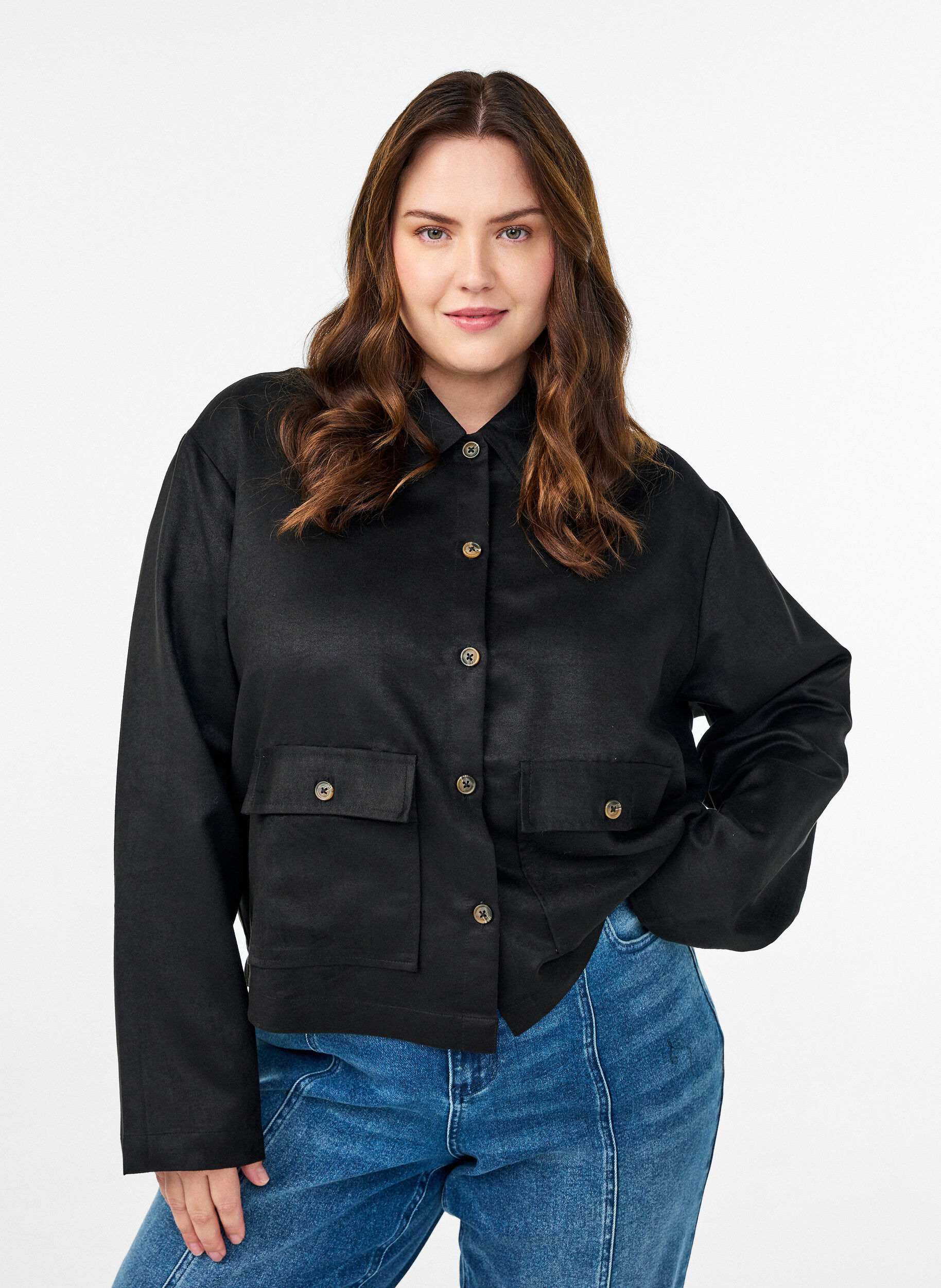 Short faux suede jacket with pockets, Black, Model
