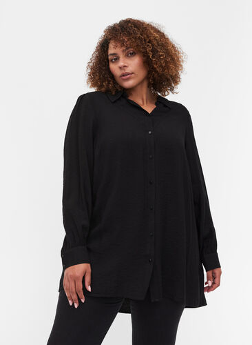 Long, solid-coloured, viscose blend shirt, Black, Model image number 0