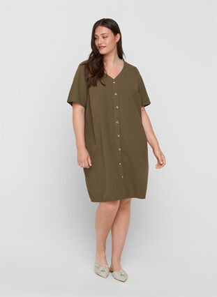 Short-sleeved cotton dress with buttons, Ivy Green, Model image number 2