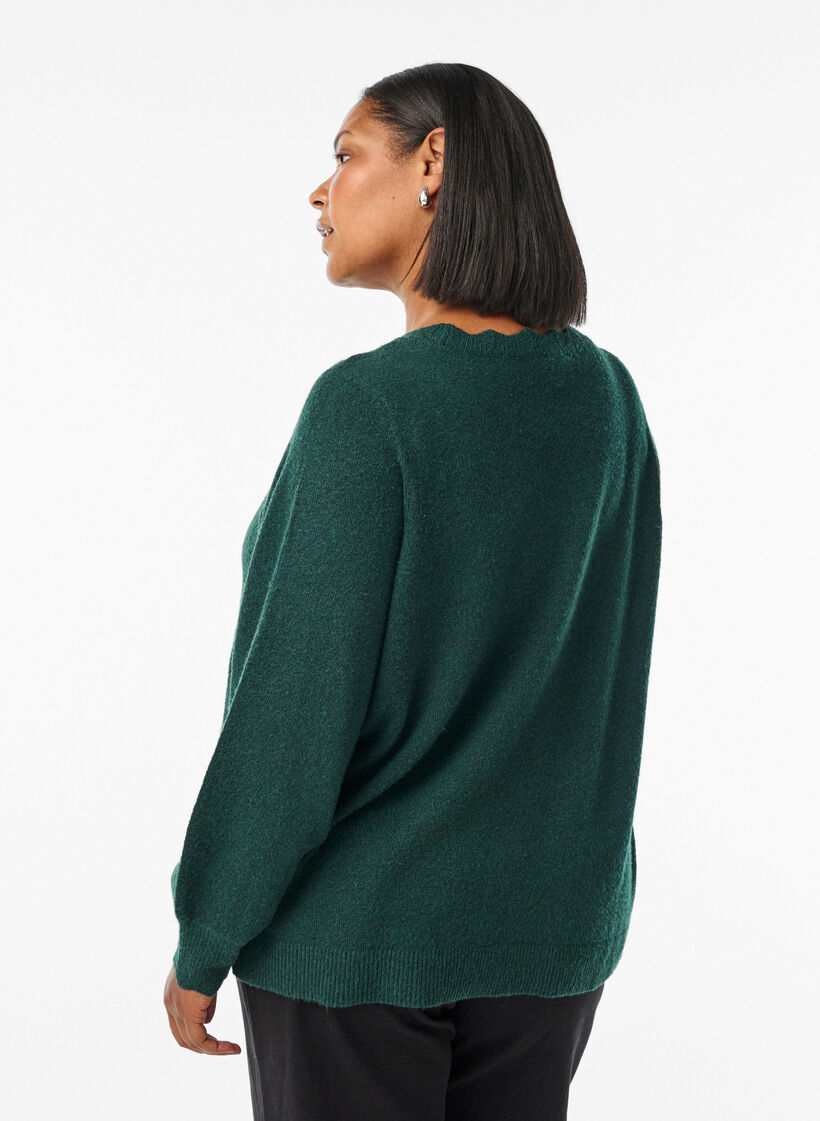 Knitted blouse with wavy edges, Green, Model image number 2
