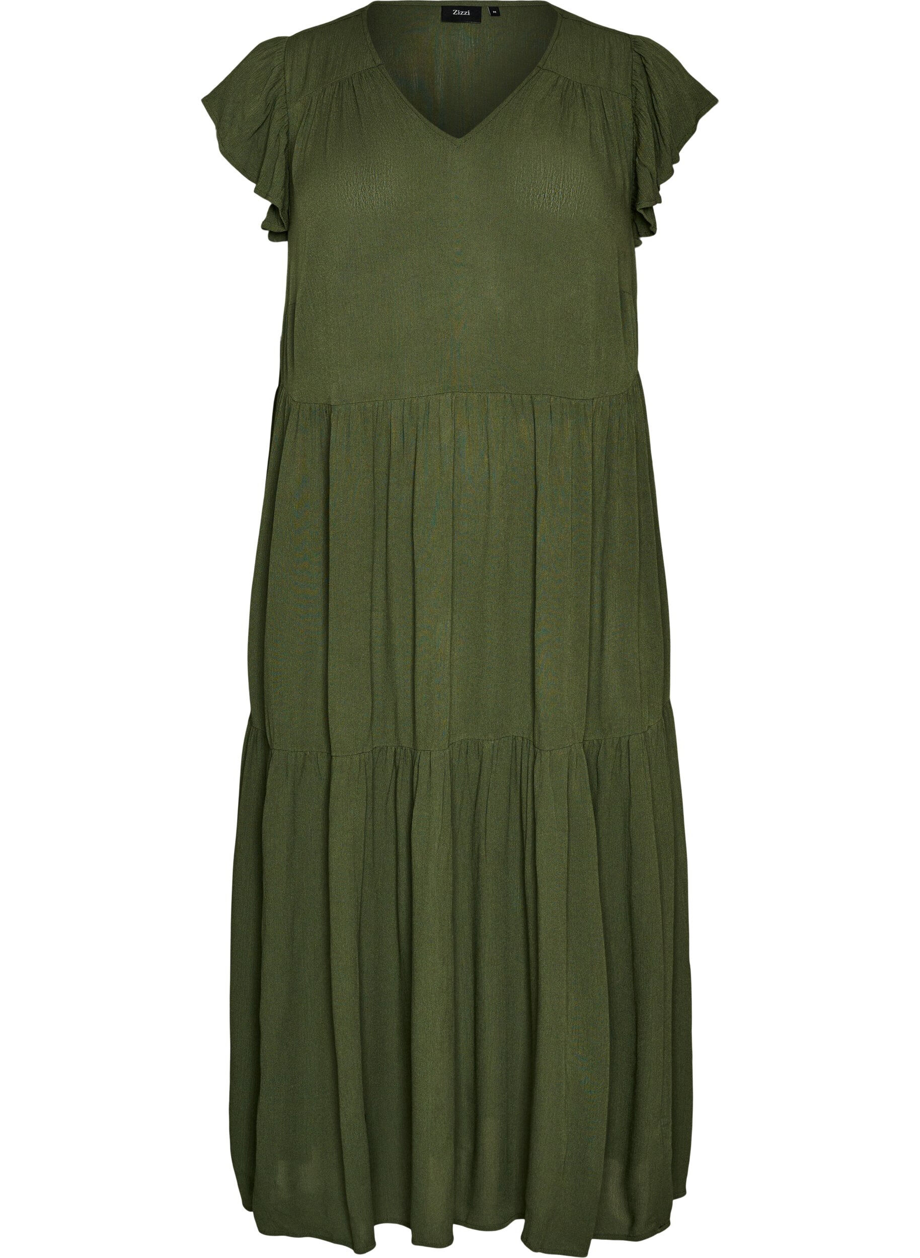 Zizzifashion Midi dress in viscose with ruffle sleeves, Green, Packshot image number 0