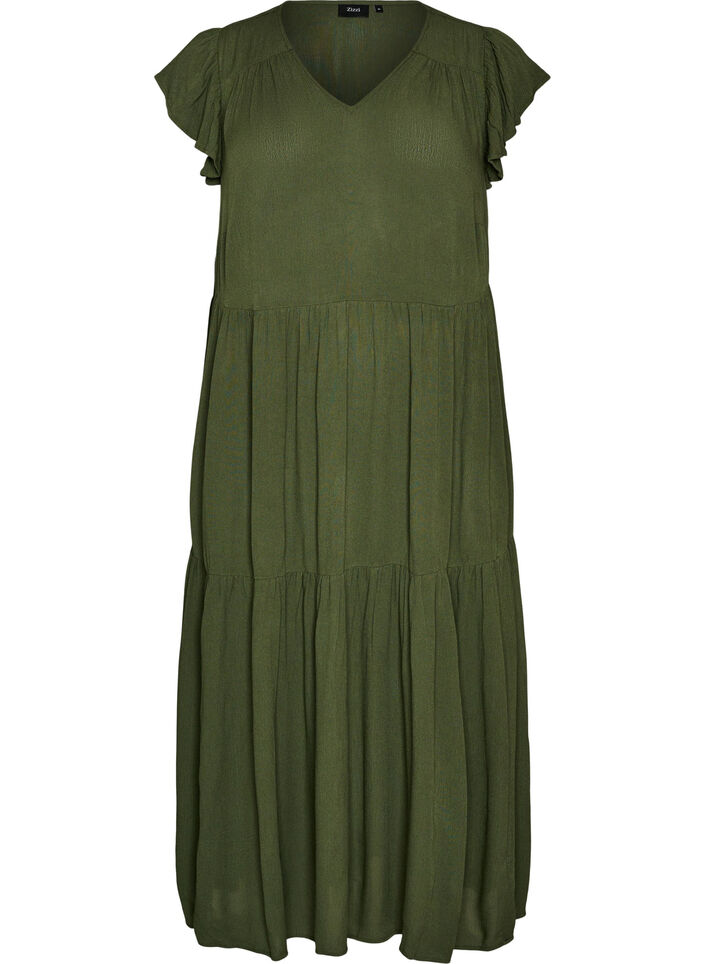 Midi dress in viscose with ruffle sleeves, Green, Packshot image number 0