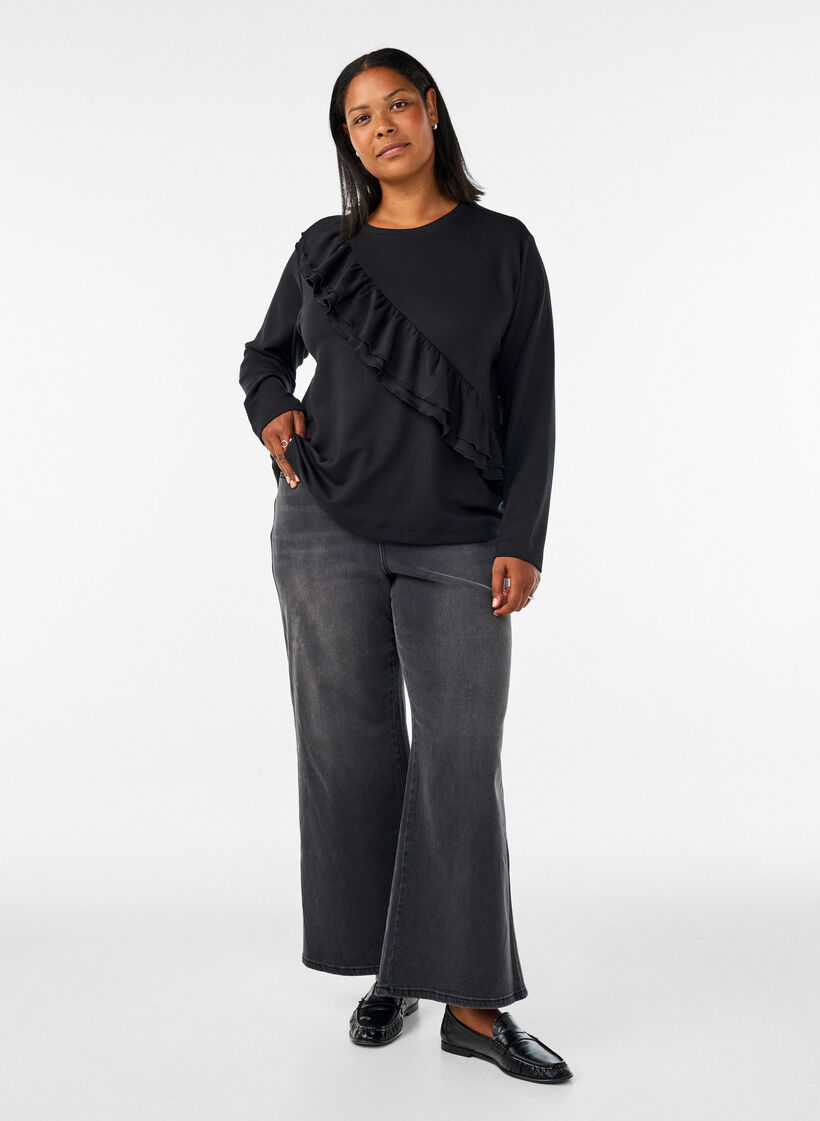 Jersey blouse with a diagonal ruffle detail, Black, Model image number 1