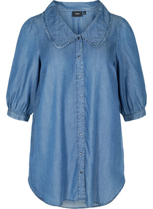 Denim tunic with a collar and button fastening, Blue denim ASS, Packshot image number 0