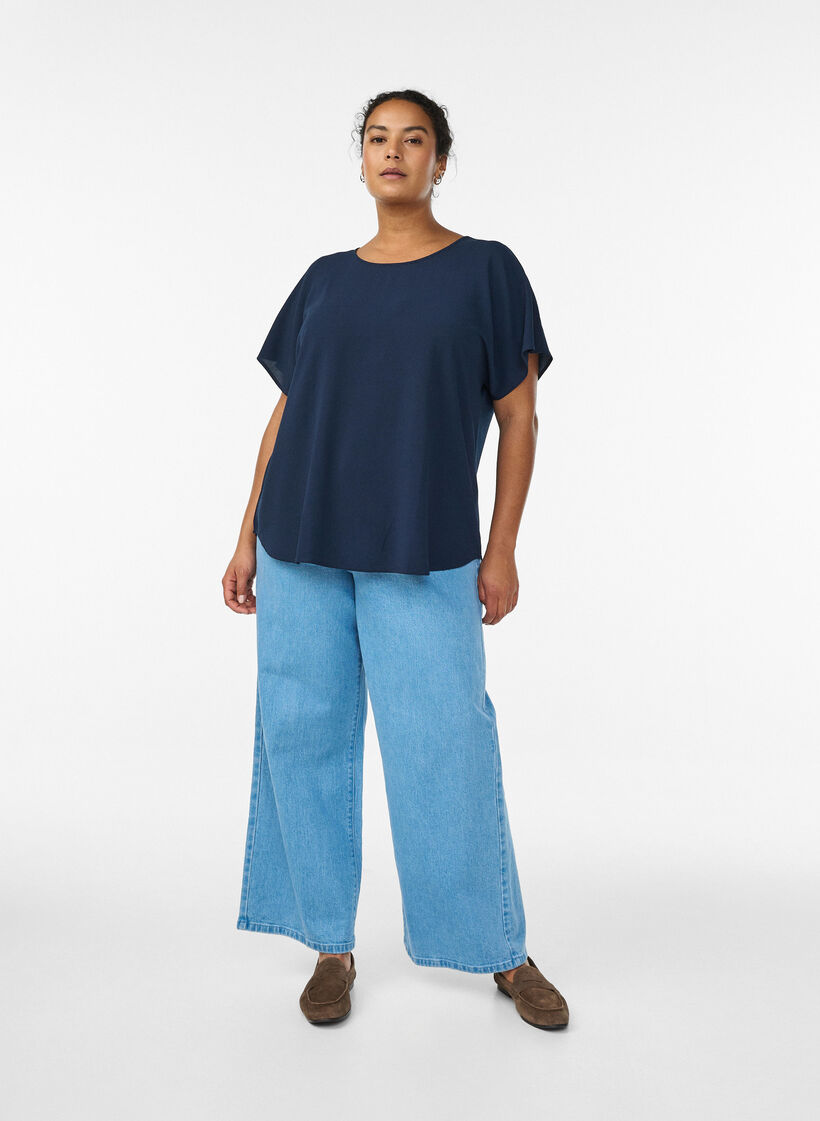 Blouse with short sleeves and a round neckline, Blue, Model image number 1