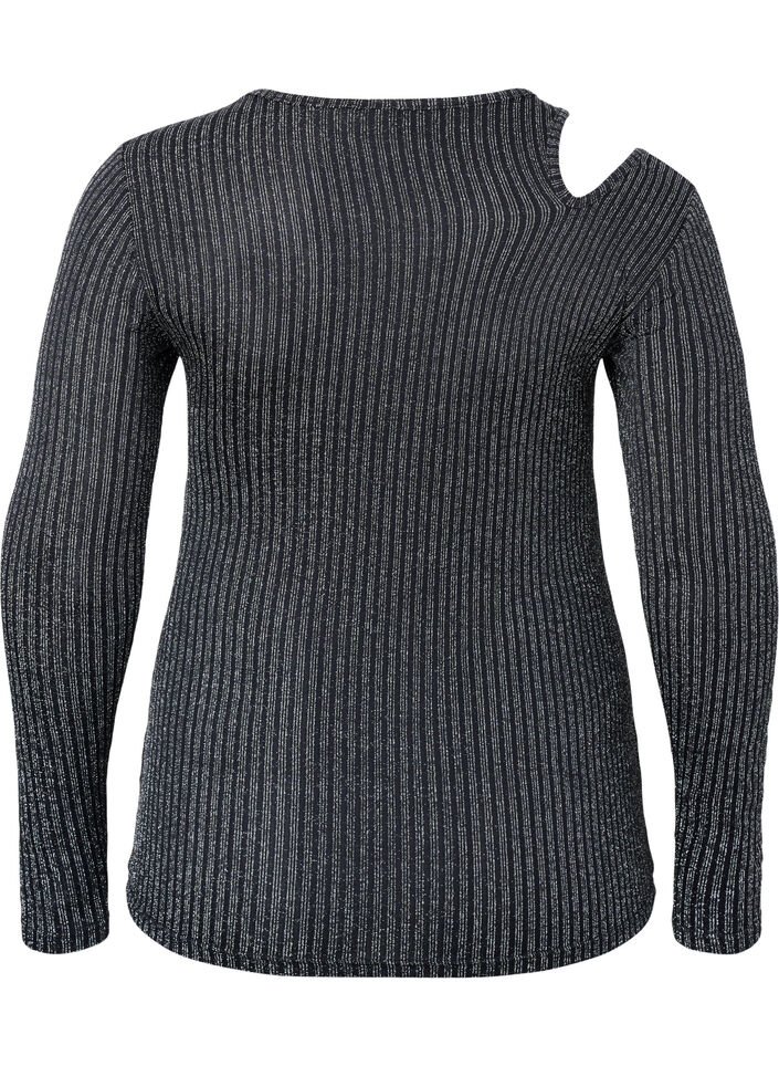 Long sleeve cut-out blouse with glitter, B. w. Silver Stripes, Packshot image number 1