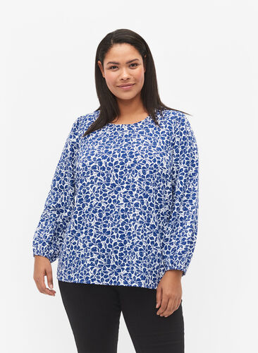 Blouse with puff sleeves, White/Blue Ditsy, Model image number 0