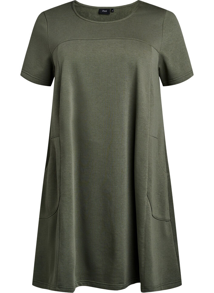 Jersey dress with short sleeves and pockets, Green, Packshot image number 0