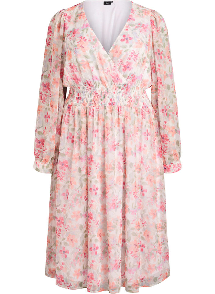 Floral midi dress with wrap-look and smock, Orange, Packshot image number 0