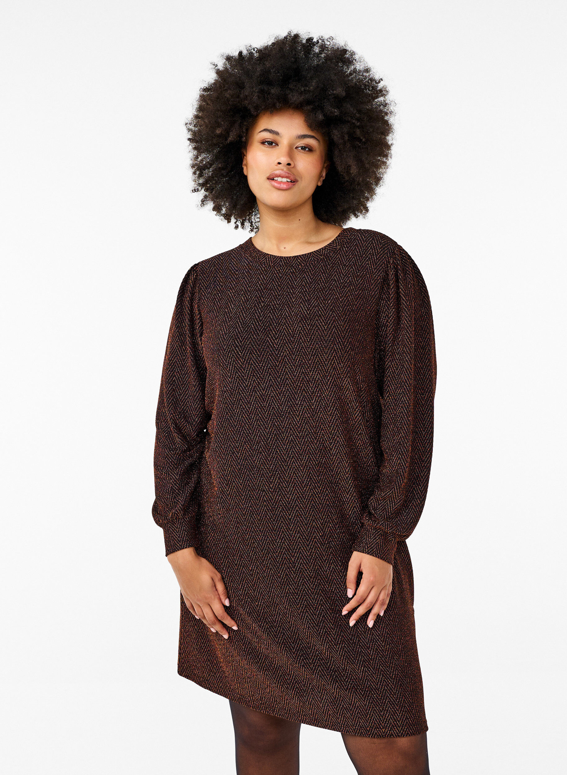 Zizzifashion Dress with zigzag pattern and glitter, Copper ZigZagShimmer, Model image number 0