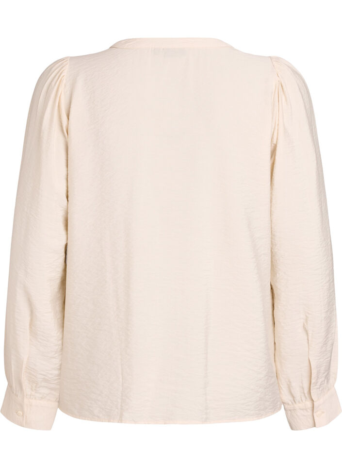 Blouse with V-neck and embroidered bands, Beige, Packshot image number 1