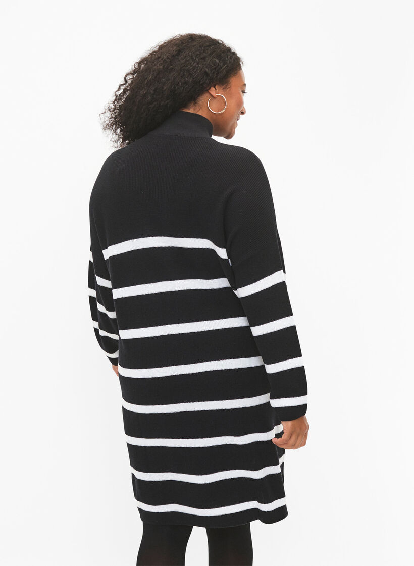 Striped knit dress with zipper, Black w.Cloud Dancer, Model image number 1