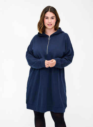 Sweat dress with hood and zipper, Navy Blazer, Model image number 0