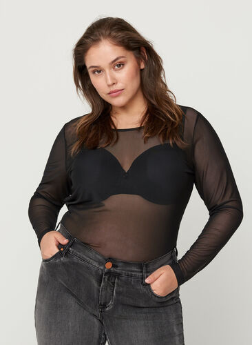 Long-sleeved mesh blouse, Black, Model image number 0
