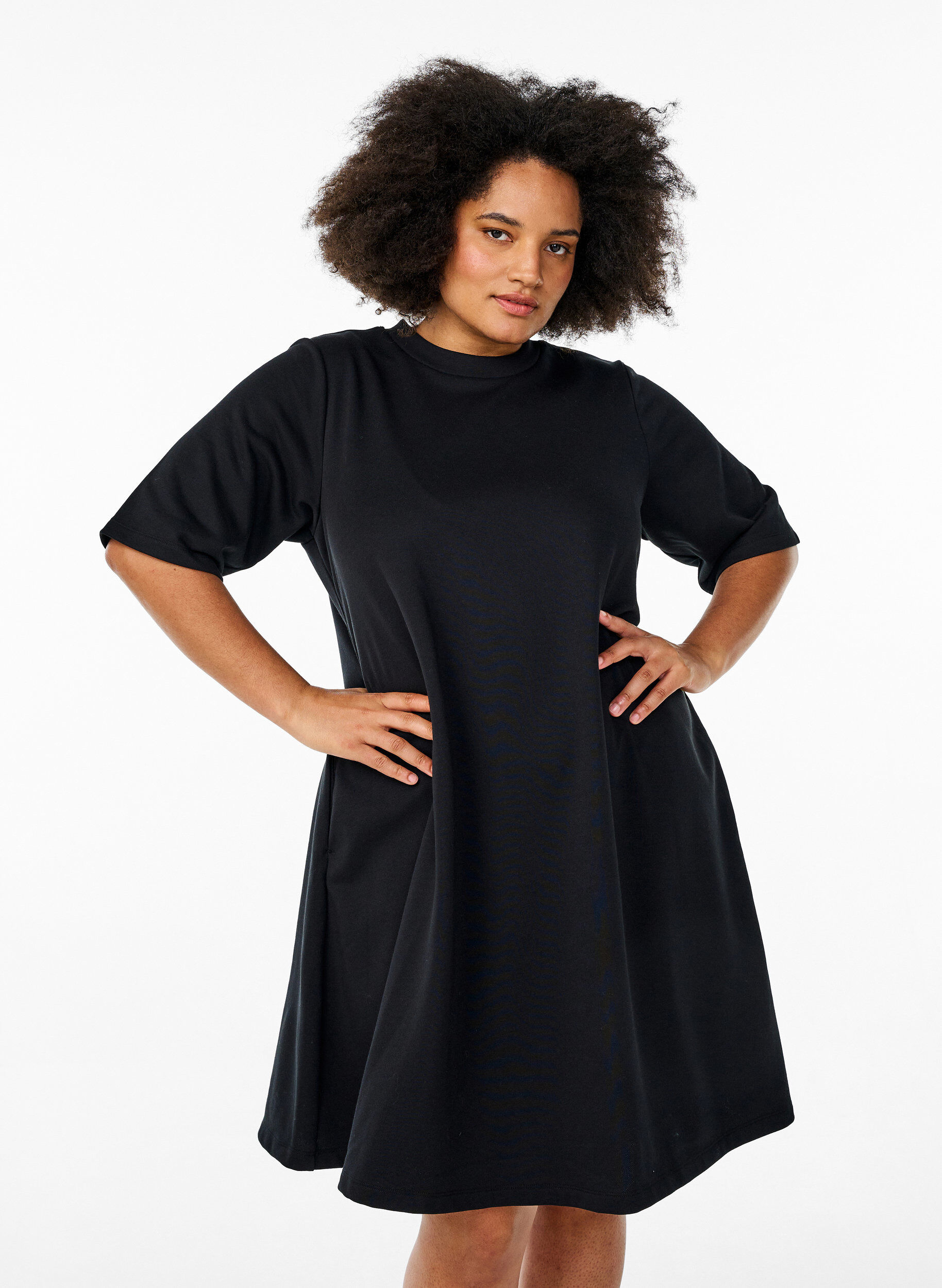 Zizzifashion Knee-length jersey dress with pockets and A-line shape, Black, Model image number 1