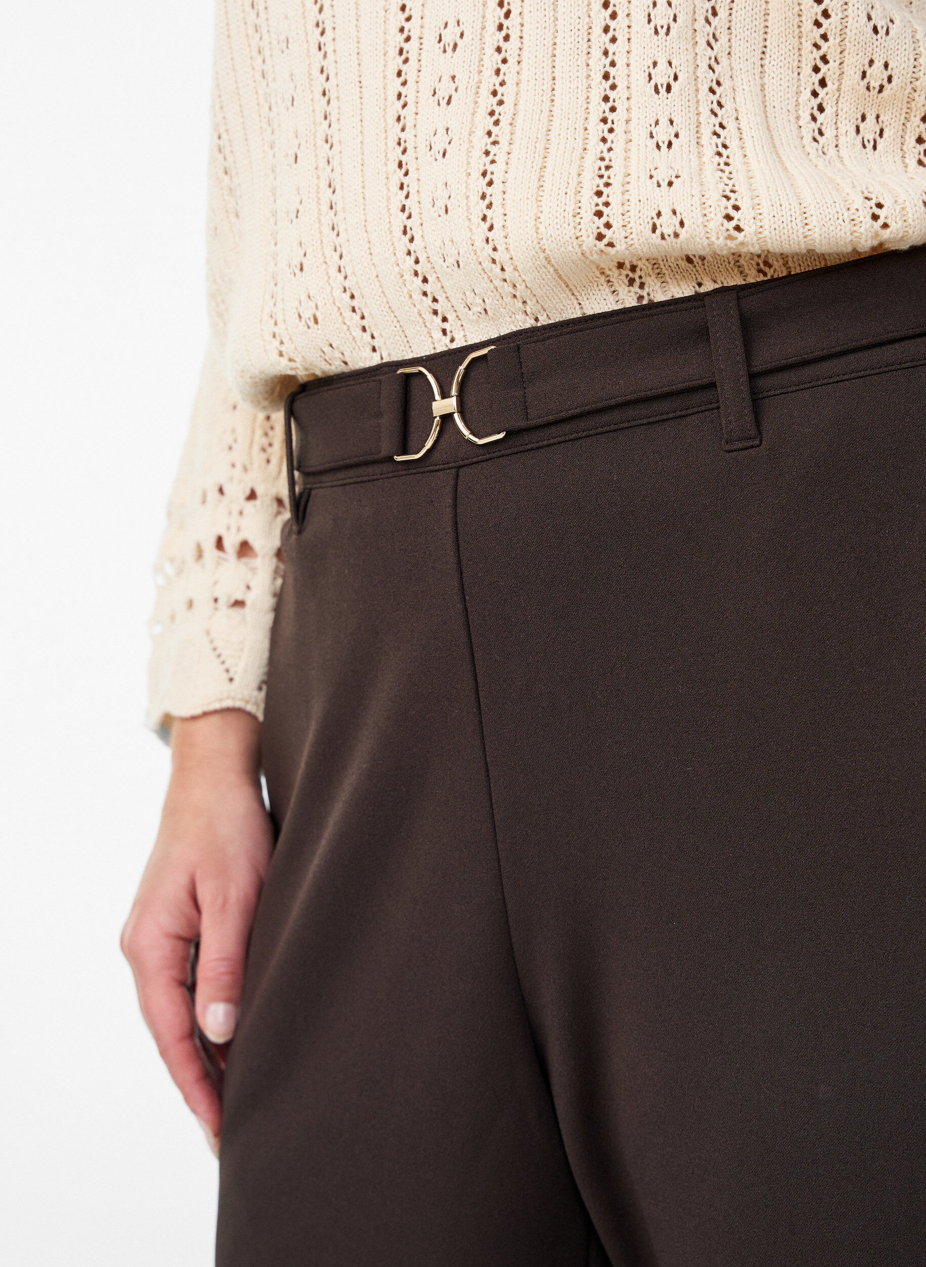 Zizzifashion High-waisted trousers with belt detail and gold buckle, Brown, Model image number 2