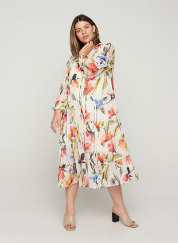 Printed midi dress with buttons and a-line, Snow White AOP, Model image number 0
